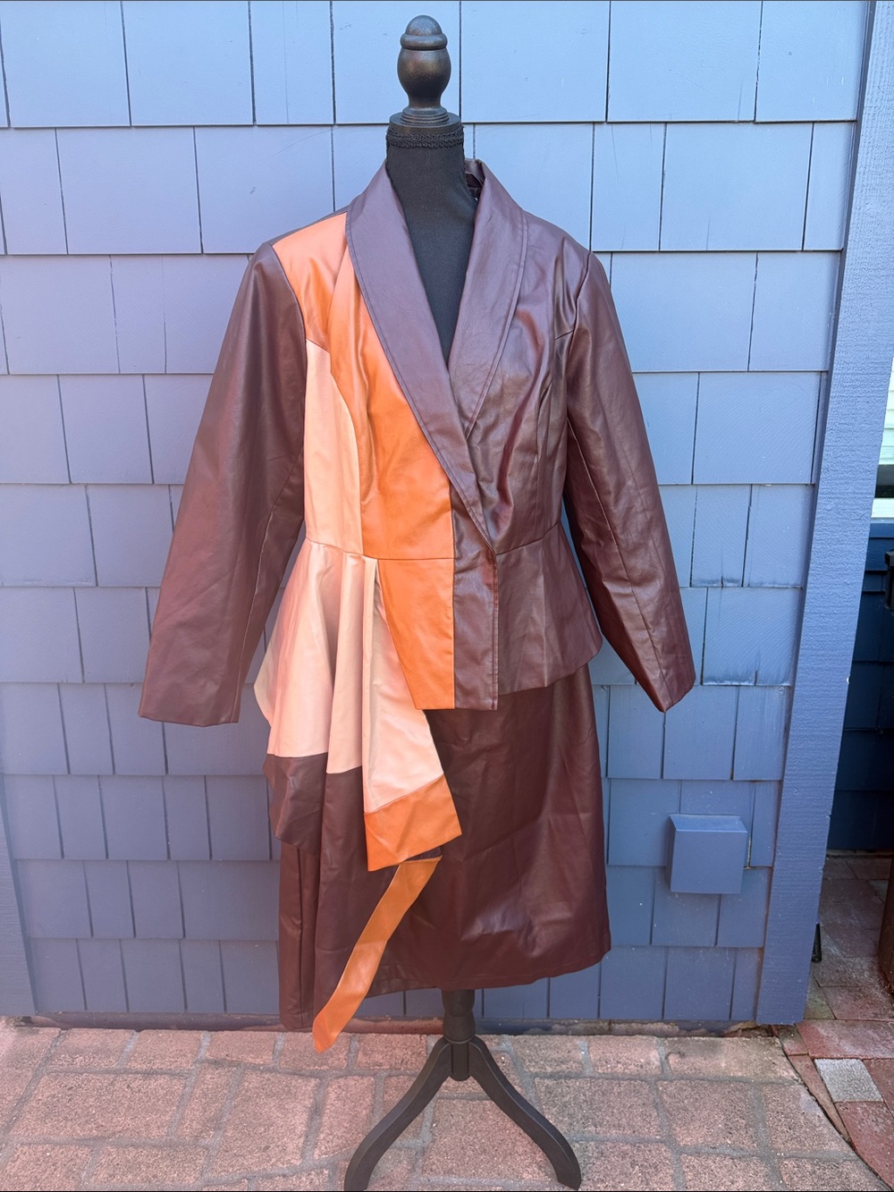 Midnight Velvet Brown Orange  Colorblock Peplum Leather Jacket NWOT 18 skirt set